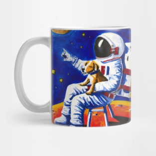 Astronaut sitting with his dog on the moon, starring into space. Mug